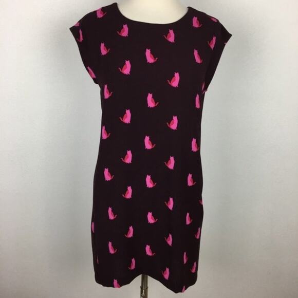 Loft Maroon Pink Cat Print Short Sleeve Scoop Neck  Sheath Dress XSP - Picture 1 of 7